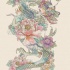 Adorable pale-color dragon with a lot of peony flowers tattoo design