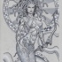 Amazing grey-ink standing medusa gorgona warrior with a big bow tattoo design