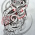 Amazing swirly owl with red curls tattoo design