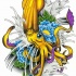 Amazing yellow new school water animal and blue flowers tattoo design