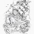 Angry colorless water animal drowning a ship tattoo design