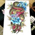 Angry green snake and blue roses tattoo design