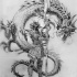 Angry grey-ink chinese dragon and armored warrior tattoo design