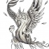 Angry grey-ink flying phoenix with falling feathers tattoo design