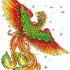 Angry orange-and-green crying phoenix and falling cherry petals tattoo design