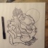 Angry outline dinosaur looking out of rose bud tattoo design