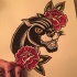 Angry traditional panther with roses tattoo design