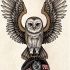 Animated brown flying owl keeping a cap tattoo design