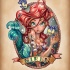 Animated green-eyed mermaid with banner in frame tattoo design