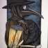 Animated plague doctor with shining lamp and raven tattoo design