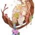 Aries-horned mermaid with colorful floral tail sitting on wooden half moon tattoo design