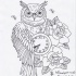 Awesome black-line owl with a clock and flowers tattoo design
