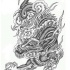Awesome grey-ink asian dragon in swirly clouds tattoo design