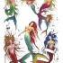 Beautiful colorful swimming mermaids in different poses tattoo design
