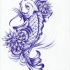 Beautiful violet-color koi fish and lotus flowers tattoo design