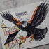 Black-and-orange eagle and thick quoted ribbon tattoo design
