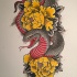 Black-and-red chinese reptile and yellow peonies tattoo design