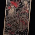 Black-and-red rooster in grey smoke tattoo design