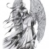 Anjo de anime em preto e branco em design de tatuagem de roupas ricas
