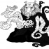 Black-and-white baboon demon with octopus tentacles tattoo design by Relkavin
