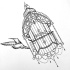 Black-and-white bird flying fron ornamented cage tattoo design