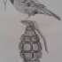 Black-and-white bird with a ring on a grenade tattoo design