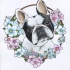 Black-and-white bulldog puppy framed with blue-and-purple flowers tattoo design
