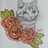 Black-and-white cat and red roses tattoo design