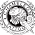 Black-and-white chameleon with tattoo machine in quoted emblem tattoo design