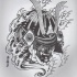 Samurai preto e branco do demónio chinês no projeto do tatuagem das ondas de água