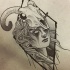 Black-and-white crying girl and ram skull in rhombus frame tattoo design