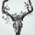Black-and-white deer skull with flowered horns tattoo design