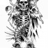 Esqueleto de demônio em preto e branco com desenho de tatuagem de crânios de animais por Daniel Dahl