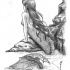 Black-and-white drowing mermaid looking out of rocks tattoo design