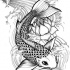 Black-and-white fish swimming in water flow tattoo design
