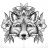 Black-and-white fox muzzle surrounded with flowers tattoo design
