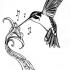 Black-and-white hummingbird and musical hibiscus flower tattoo design