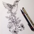 Black-and-white hummingbird with flowered tail tattoo design