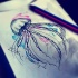 Black-and-white jellyfish on pink-and-blue watercolor background tattoo design