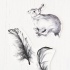 Black-and-white jumping hare and big falling feathers tattoo design
