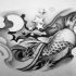 Black-and-white koi fish and stars tattoo design