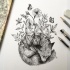 Black-and-white sleeping fox and herbal growings tattoo design