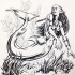 Black-and-white surprised mermaid diving on sea bottom tattoo design