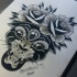 Black-and-white three-eyed panther with roses tattoo design by Absurdus666
