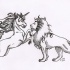 Black-and-white unicorn and lion fight tattoo design