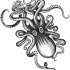 Black-and-white upside down octopus and tiny boat tattoo design