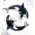 Black-and-white whale yin yang with watercolor splashes tattoo design