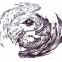Black-and-white yin yang dragons with balls tattoo design by Moog Lee