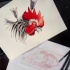 Black-feathered rooster head with red topknot killed with arrows tattoo design
