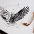 Black-half-geometric eagle in circle tattoo design